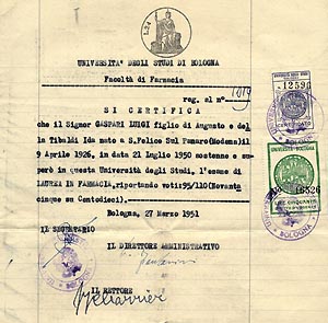 1951 certificato Facoltà di Farmacia di Bologna 